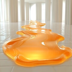 Golden liquid spill on a white floor