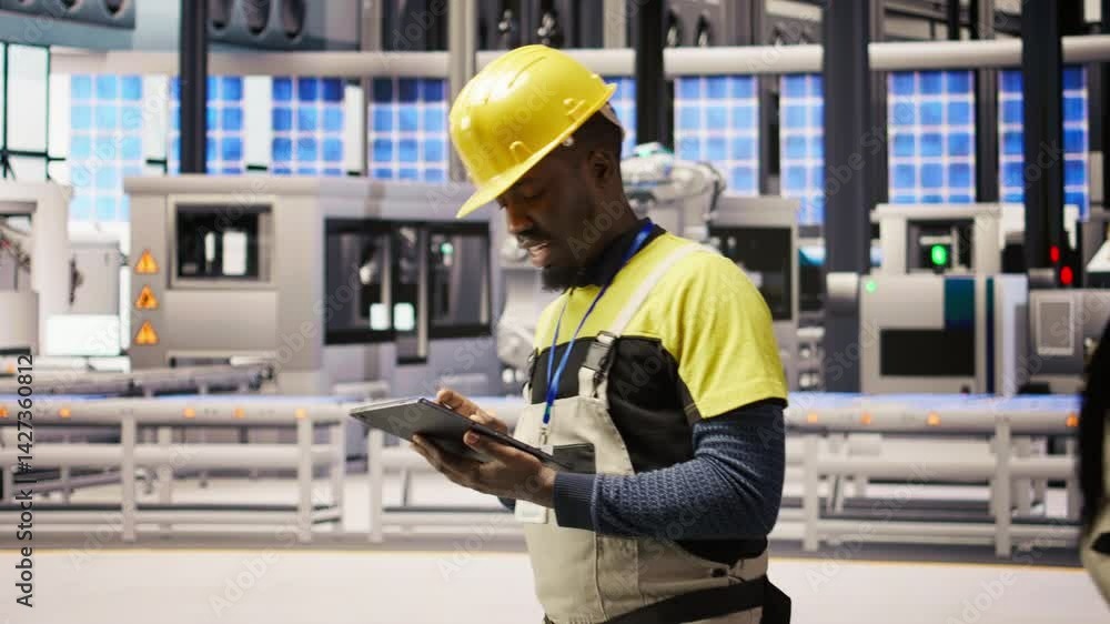 Poster technician in solar panels factory does maintenance using tablet, analyzing iot sensor data. industr