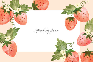 Strawberry watercolor frame background. Sweet strawberry in frame. Vector illustration. Strawberry pattern. Fruit berry background. Summer fruit texture