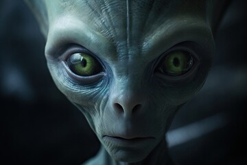 Close-up of alien face with large green eyes. Extraterrestrial life concept. Science fiction creature portrait. Mysterious otherworldly being. UFO encounter illustration.