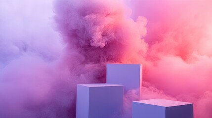 Dramatic purple and pink smoke swirls around tiered blue platforms, creating a vibrant, atmospheric display