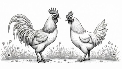 Fototapeta premium Roosters Facing Each Other: A captivating black and white illustration features two majestic roosters standing face to face in a vibrant, natural meadow.
