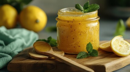 Golden lemon curd in a jar, garnished with mint and served with wooden spoons on a rustic cutting board. Bright and inviting