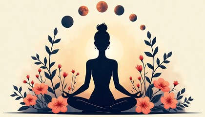 Lunar Harmony: A serene silhouette of a woman meditating in a blooming garden, framed by delicate branches, with a soft sunset glow and phases of the moon in the background.