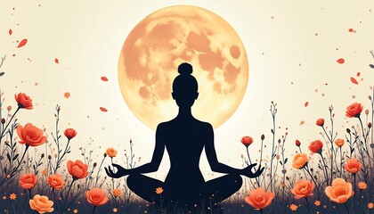 Serene Meditation under Moonlight: A silhouette of a person deep in meditation, centered before a radiant full moon, surrounded by a delicate field of blossoming flowers.