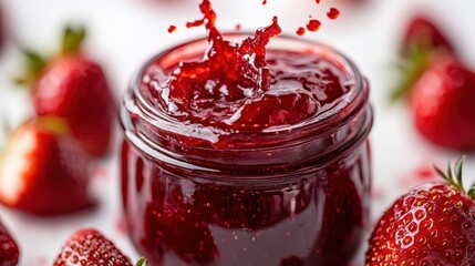 Vibrant strawberry jam splashes from a glass jar, surrounded by fresh, ripe strawberries. A sweet and delicious treat!