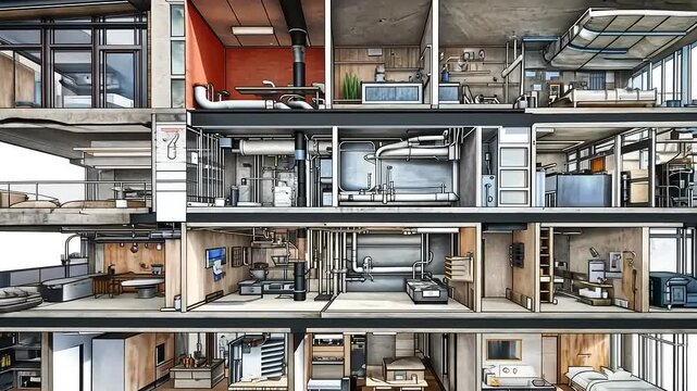 Architectural Visualization Cross-Sectional Rendering of a Residential Multi-Story Building