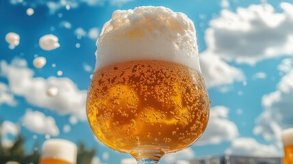 A golden beer with a frothy head bubbles against a vibrant blue sky backdrop, evoking a refreshing summer day
