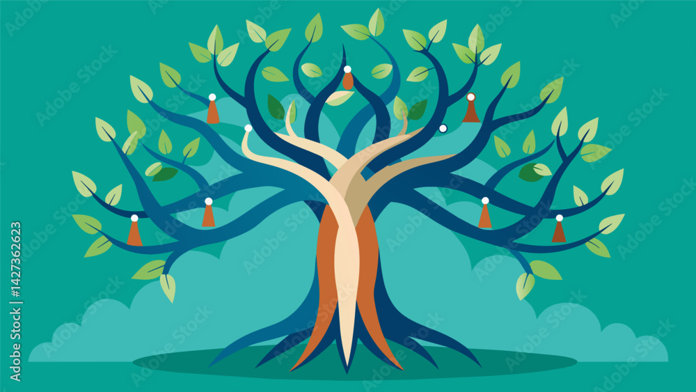 Poster a tree with multiple trunks intertwined and supporting each other signifying the importance of seeki