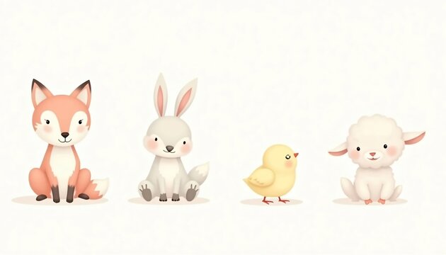 Whimsical Animal Friends: Adorable illustrations of a fox, rabbit, chick, and lamb come together in a heartwarming scene, their gentle expressions and playful poses evoking a sense of joy and wonder.