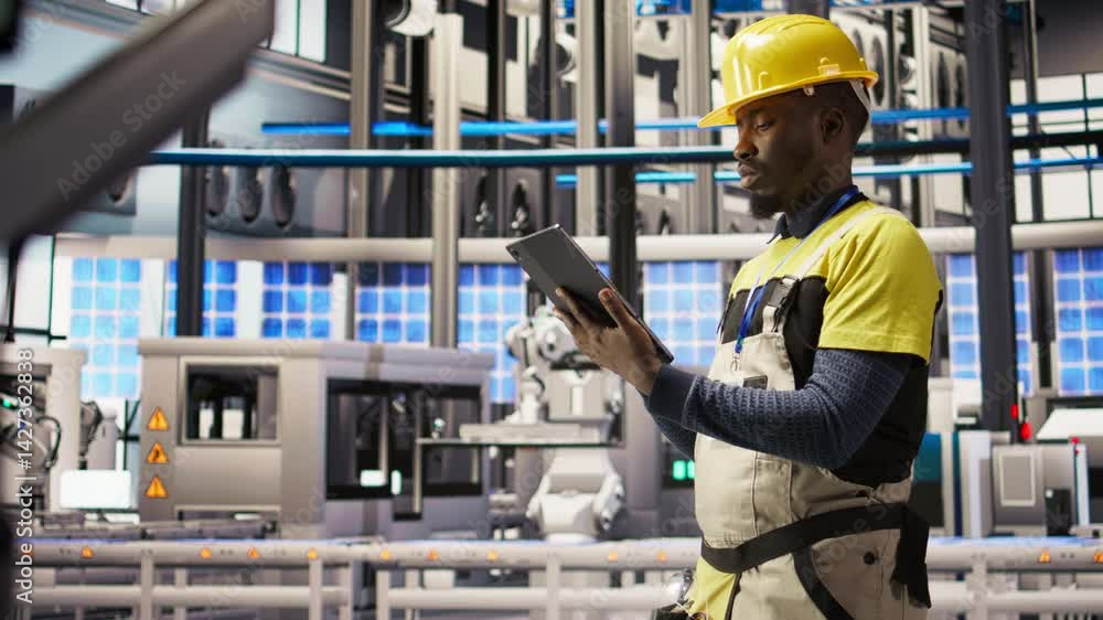 Aufkleber industrial plant technician using tablet to implement green energy solutions, integrating solar tech