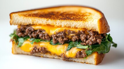 Golden-brown grilled cheese overflowing with savory meat, melted cheddar, and fresh spinach. A comforting and delicious sandwich