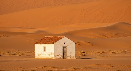 Small whitewashed building in the middle of a vast desert landscape