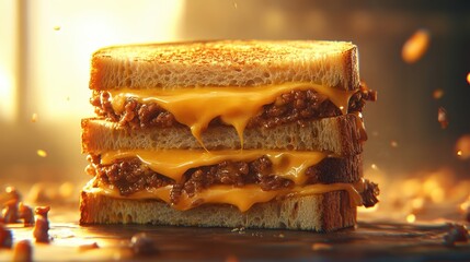 Stacked, golden-brown grilled cheese sandwich with melted, dripping cheese filling, dramatically lit with warm tones. Delicious and inviting