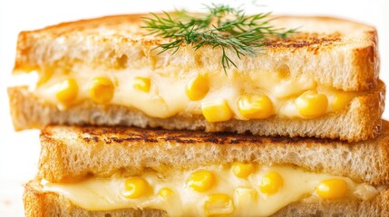 Golden, toasted cheese and corn sandwiches stacked high, garnished with fresh herbs. A comforting and delicious treat