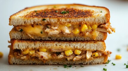 Stacked chicken and corn melt sandwiches on toasted bread, with scattered herbs and corn kernels. A comforting and savory meal