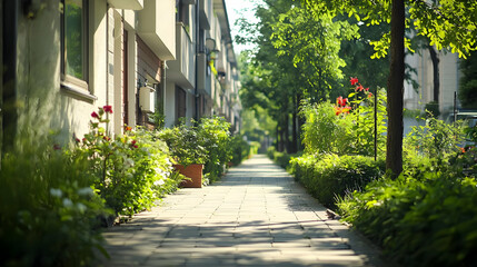 Obraz premium Sunny Urban Alleyway with Lush Landscaping