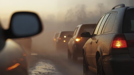 Dusty vehicles line a hazy highway, viewed from a driver's side mirror. A warm, muted tone pervades the scene, suggesting a desert or arid environment