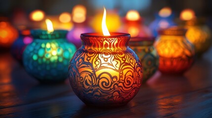 Ornate, glowing lanterns illuminate a darkened space, creating a warm and festive atmosphere with intricate designs and vibrant colors