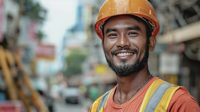 Smiling Construction Worker: A construction worker, with a beaming smile and wearing a hard hat, embodies dedication in the dynamic urban environment.
