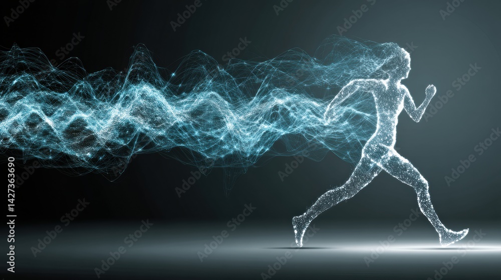 Poster dynamic pulse shape generating a running figure in motion with a light trail effect showcasing energ