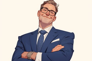 Confident man with glasses in blue suit, arms crossed smiling
