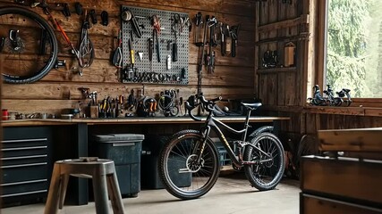 Intimate workshop scene, showcasing bicycle ready for adventure and maintenance