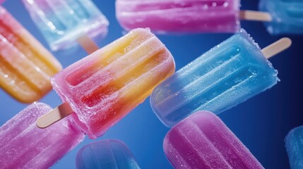 Colorful, frosty popsicles scattered against a vibrant blue backdrop. A refreshing summer treat with a textured, icy appearance
