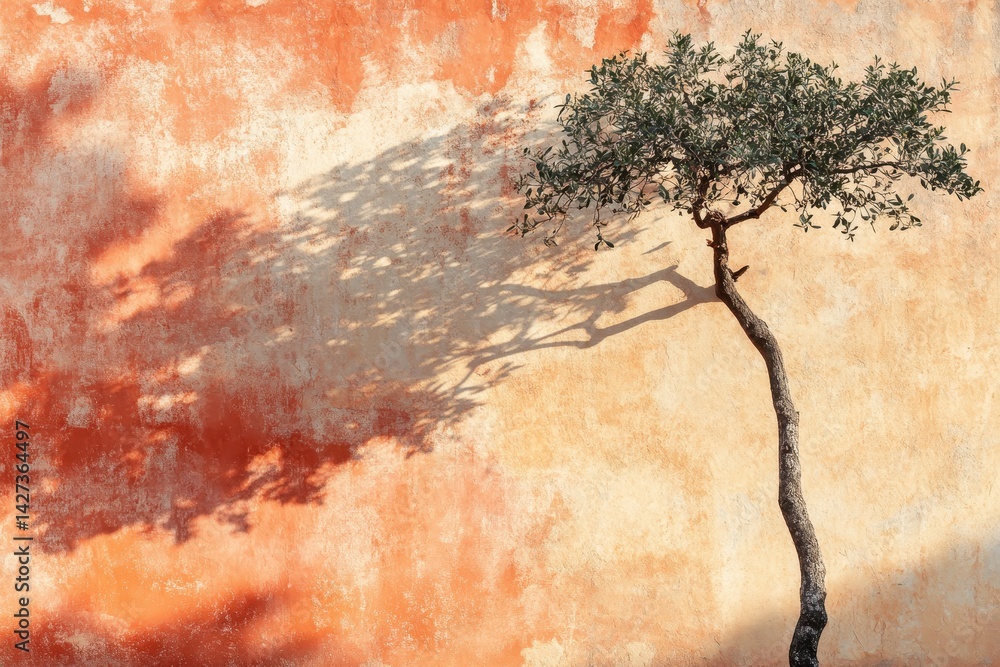 Aufkleber solitary tree casts shadows against a textured peach wall under bright sunlight in an urban setting 