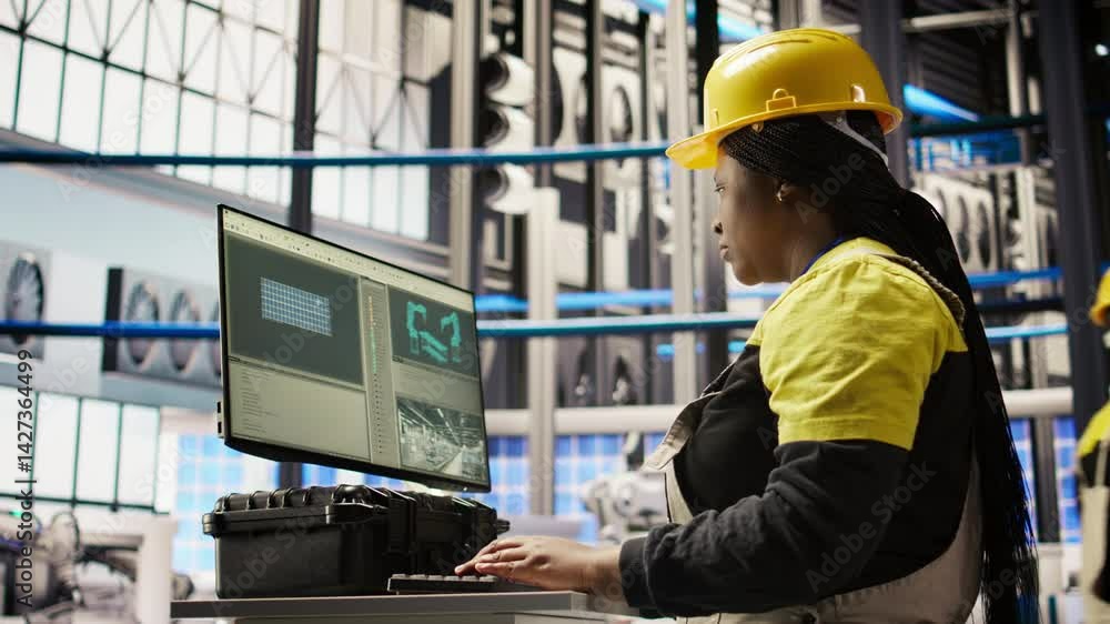 Aufkleber smart solar panels factory worker typing on pc keyboard, testing automated systems, doing maintenanc
