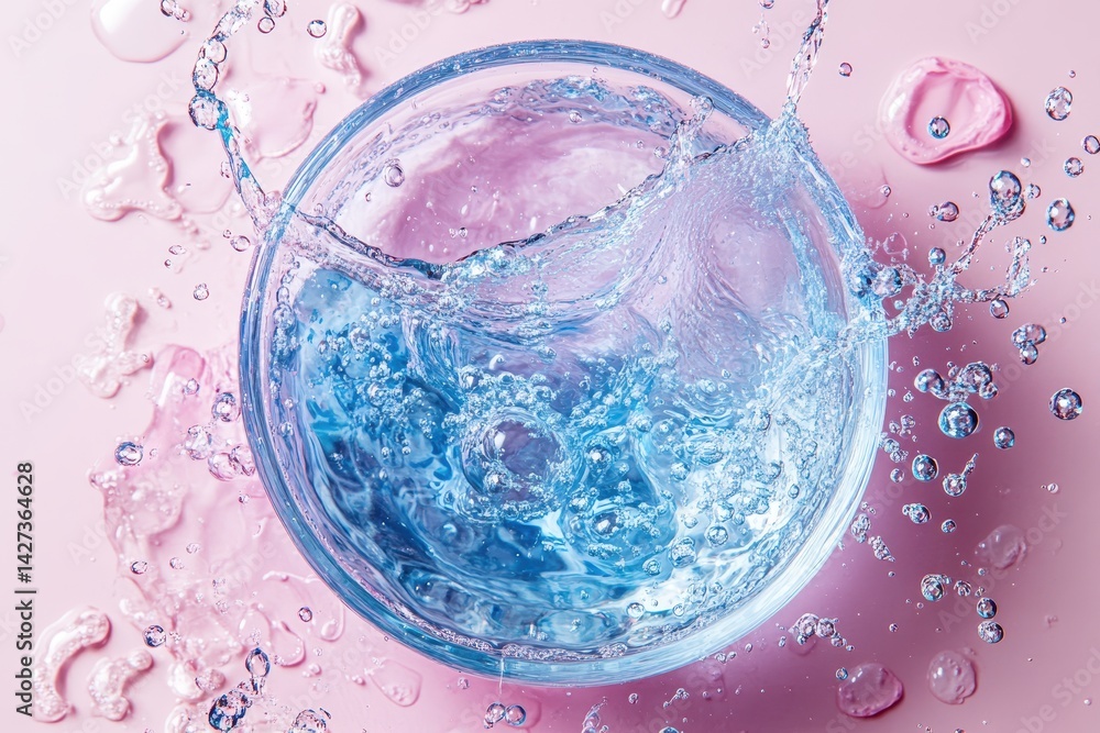Poster bright splash of water droplets against a vibrant orange and pink background creating a lively and e