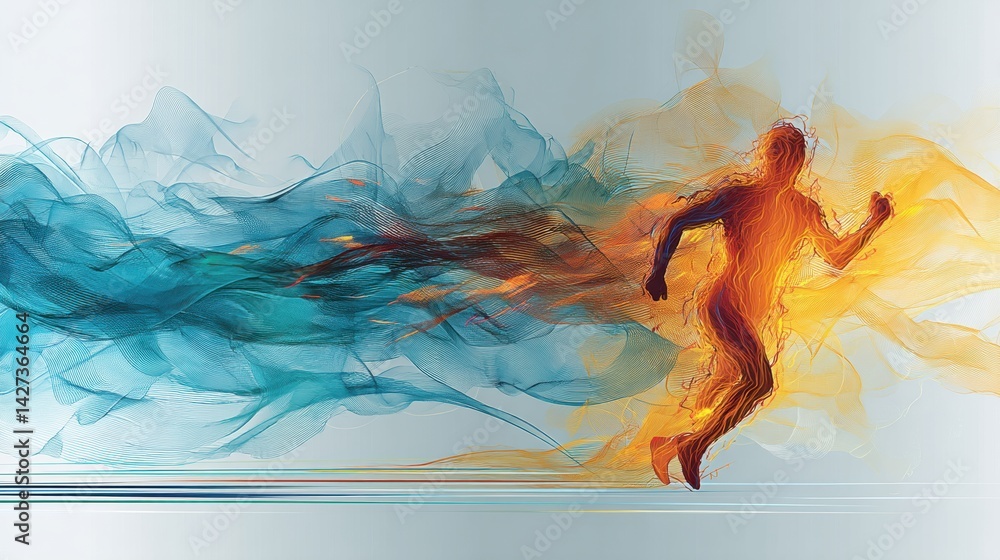 Aufkleber Dynamic Runner Silhouette Embodied in Abstract Motion Streaks on a Gradient Background Showcasing Movement and Energy