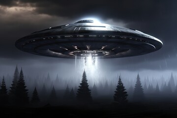 Obraz premium Alien spacecraft hovering over misty forest at night. Mysterious UFO with glowing lights abducting from pine trees. Extraterrestrial visit concept for science fiction story or alien invasion movie