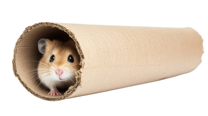 Hamster peeking from a cardboard tube.