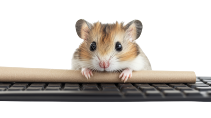 Cute hamster on a keyboard with focused gaze.