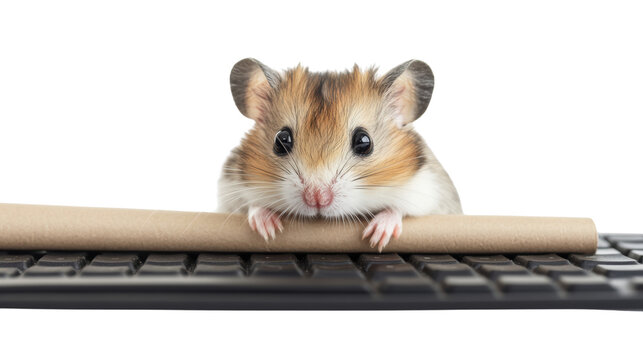 Cute hamster on a keyboard with focused gaze. - Powered by Adobe