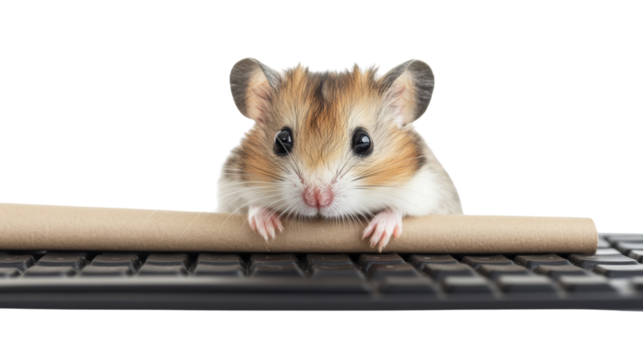 Cute hamster on a keyboard with focused gaze.