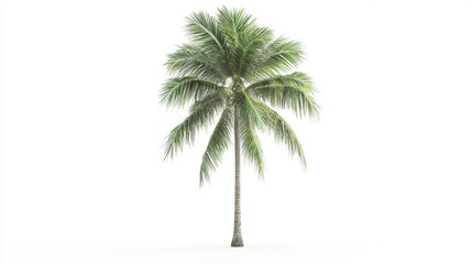 A single, vibrant green coconut palm tree with feathery fronds stands gracefully on a bright white background, evoking a sense of tropical serenity and warmth.