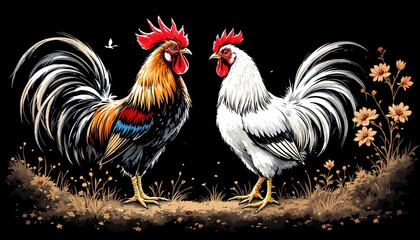 Fototapeta premium Colorful Rooster in the Dark: A visual feast of a vividly illustrated rooster stands proudly against a dark background, its vibrant plumage and regal demeanor capturing the essence of rural charm.