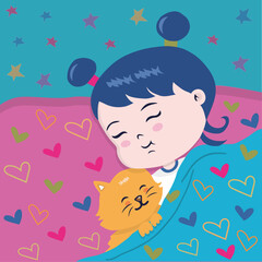 Cute Girl Sleeping with Cat – Cartoon Bedtime Illustration with Hearts and Stars
