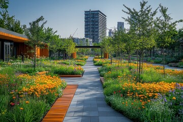 Fototapeta premium Serene Urban Oasis: A Pathway Through Blooming Gardens
