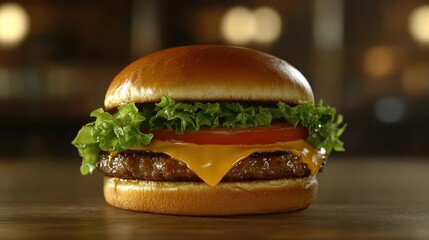 A beautifully lit, stacked burger with melted cheese, fresh lettuce, and a juicy tomato slice on a toasted bun. Appetizing and classic