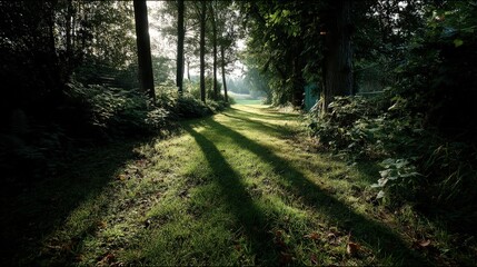 Fototapeta premium Dappled sunlight illuminating a green pathway nature scene realistic photograph serene environment ground level tranquility