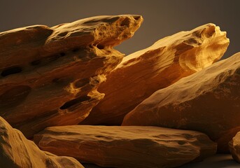 3D Render of Natural Stone Podium Display for Product Presentation, Desert Theme, Earth Tones, Rock Texture.
