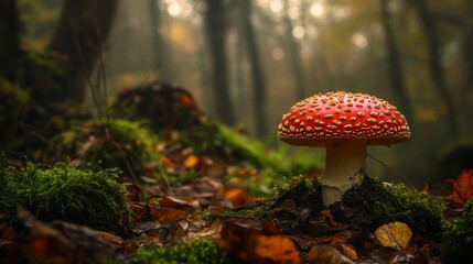 Fototapeta premium Vibrant red mushroom in a misty forest.