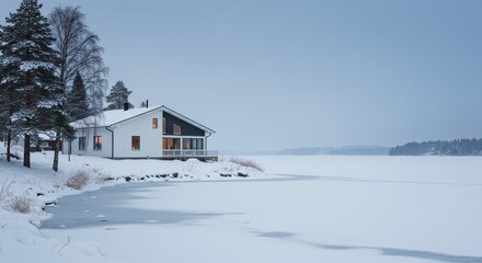 Modern house by a frozen lake in a serene winter landscape