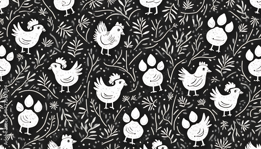 Poster chicken and paw pattern: playful repeating pattern featuring adorable chicken and paw prints on a ne