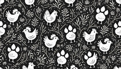 Chicken and Paw Pattern: Playful repeating pattern featuring adorable chicken and paw prints on a neutral background. 