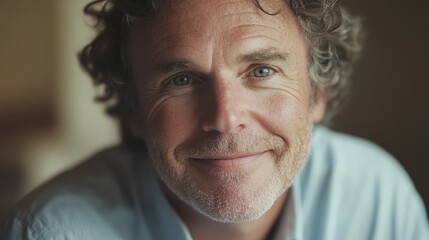 Intimate portrait of a mature man with kind eyes and a gentle smile. Warm lighting highlights his textured features and silver-flecked beard