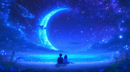 Fototapeta premium 3D blue moon, beach, glitter, cafe, romantic couple background --ar 16:9 --raw --profile ynktqqk mauyv6i --v 6.1 